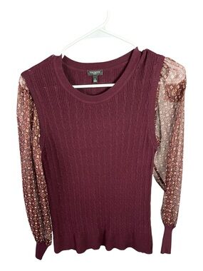 Talbots SP Burgundy Cable Knit Mixed Media Sweater Sheer Shimmer Sleeves Size SP